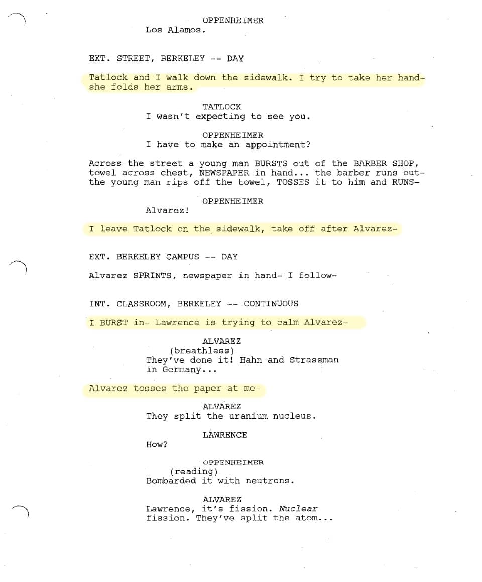 An excerpt from Oppenheimer screenplay that is written from the protagonists POV.