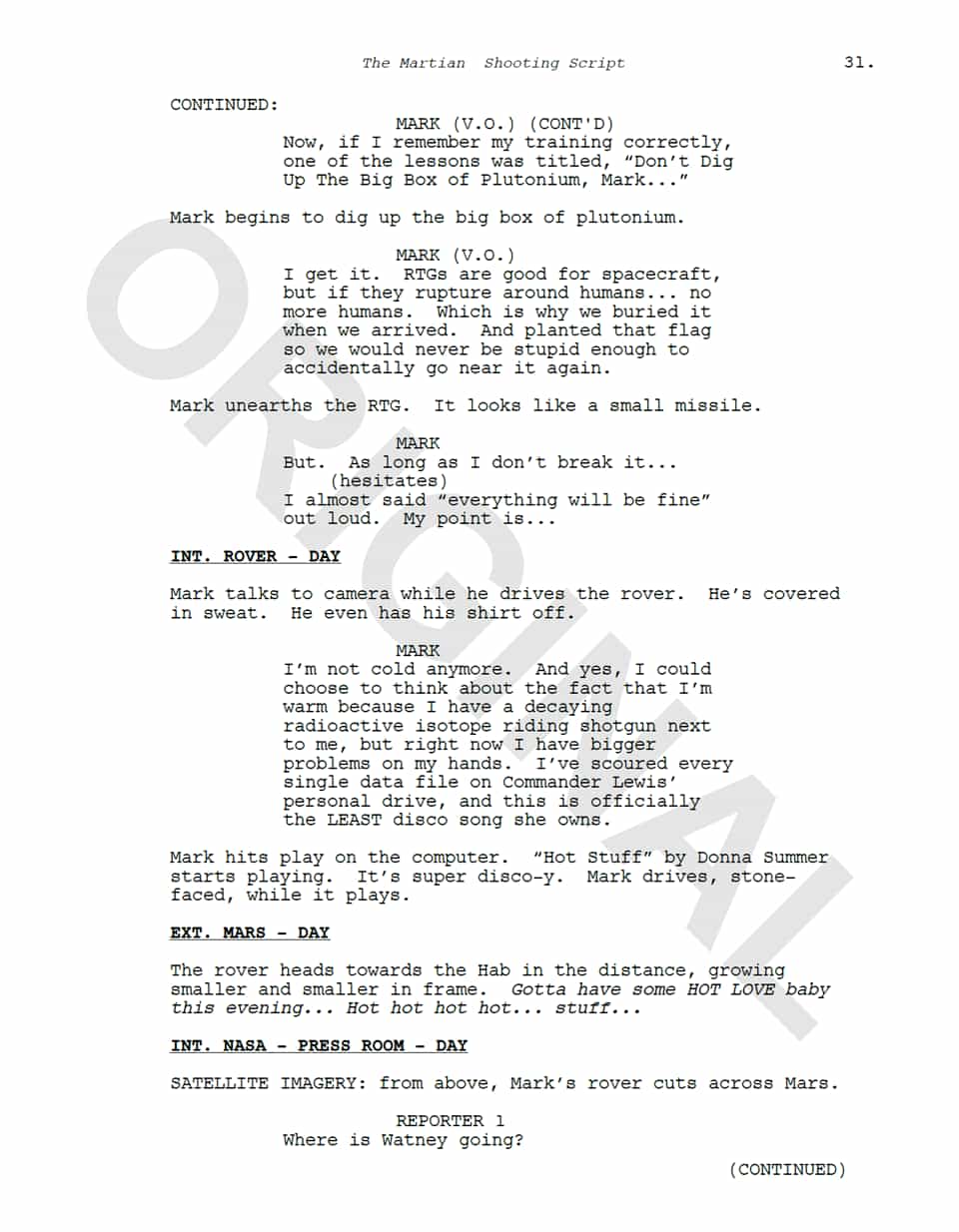 Page 31 of The Martian screenplay, written the traditional way.