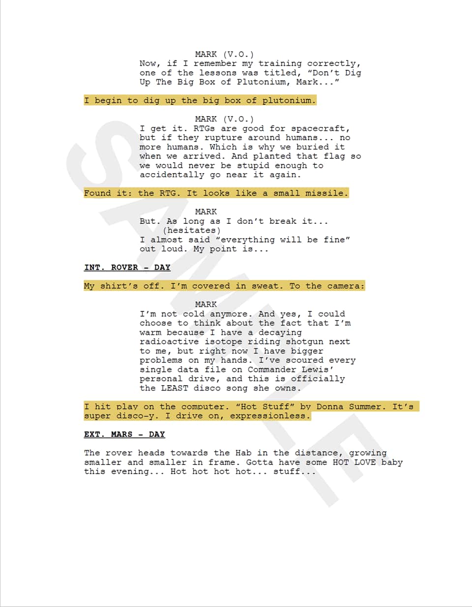 Page 31 of The Martian screenplay, written in the first person, to demonstrate Christopher Nolan's "Oppenheimer" first person POV.