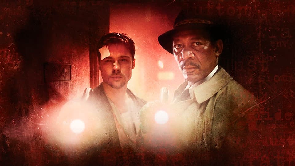 Se7en screenplay feature image with Brad Pitt and Morgan Freeman.