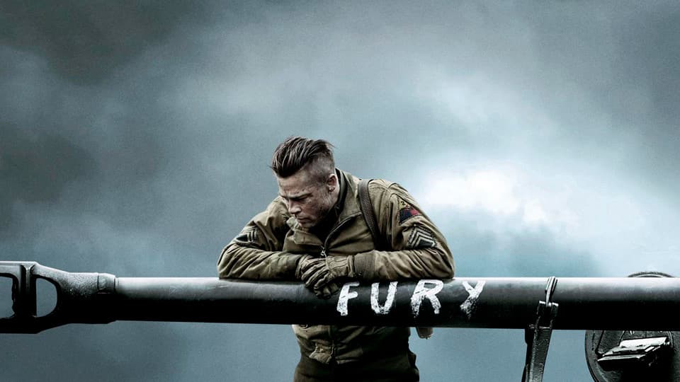 Fury screenplay hero image with Brad Pitt leaning on the barrel of a tank, set against an ominous smoky-gray background, WWII era.