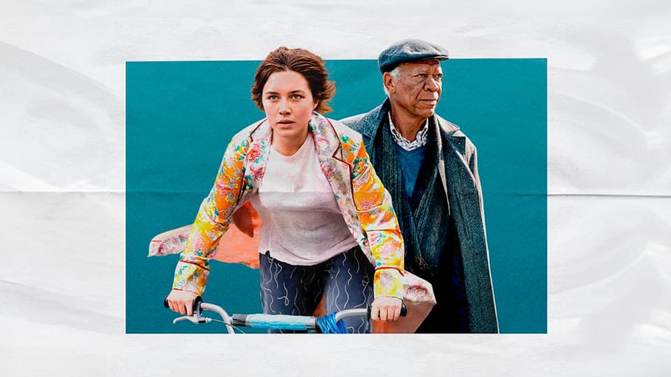 Image of a young woman on a BMX bicycle and a man standing behind her looking the opposite direction from the movie A Good Person.