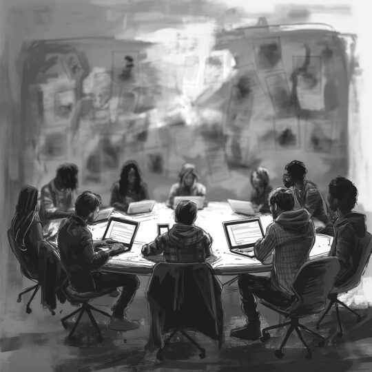 Image of a watercolor painting of writers inside a writers room at 8FLiX.