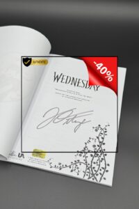 Still image of Wednesday season 1 script autographed by Jenna Ortega.