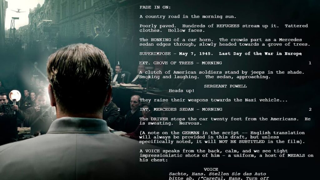 Image from the 2025 film Nuremberg with a screenplay snippet overlay.