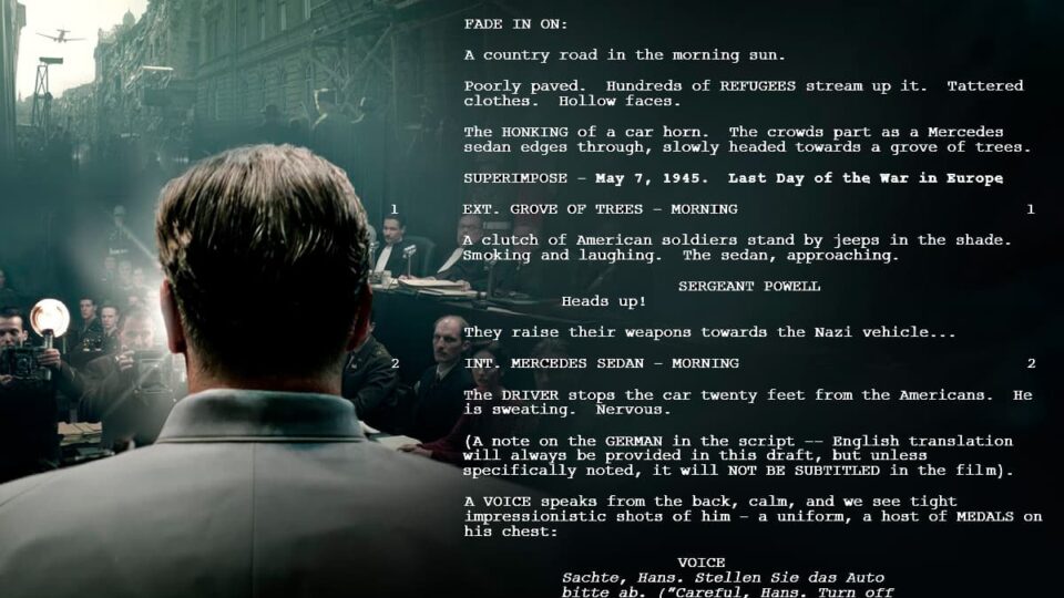 Image from the 2025 film Nuremberg with a screenplay snippet overlay.