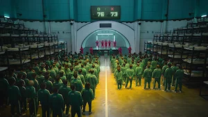 Still image from season 1, episode 2, of the Netflix series Squid Game, representing the transcript 'Hell'.