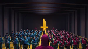 Still image from season 3, episode 1, of the Netflix series Squid Game, representing the transcript 'Keys and Knives'.