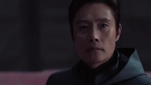 Still image from season 3, episode 6, of the Netflix series Squid Game, representing the transcript 'Humans Are…
