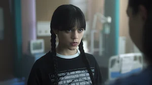 Still image from season 2, episode 5, of the Netflix series Wednesday, representing the transcript 'Hyde and Woe Seek'.